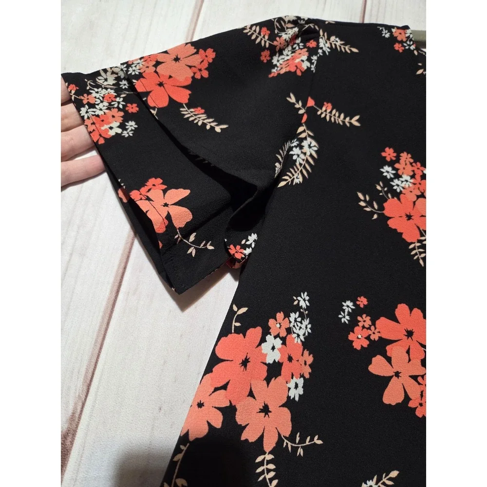 Michael Kors Womens Black Coral Floral V-Neck Flutter Sleeve Blouse Top Medium‎